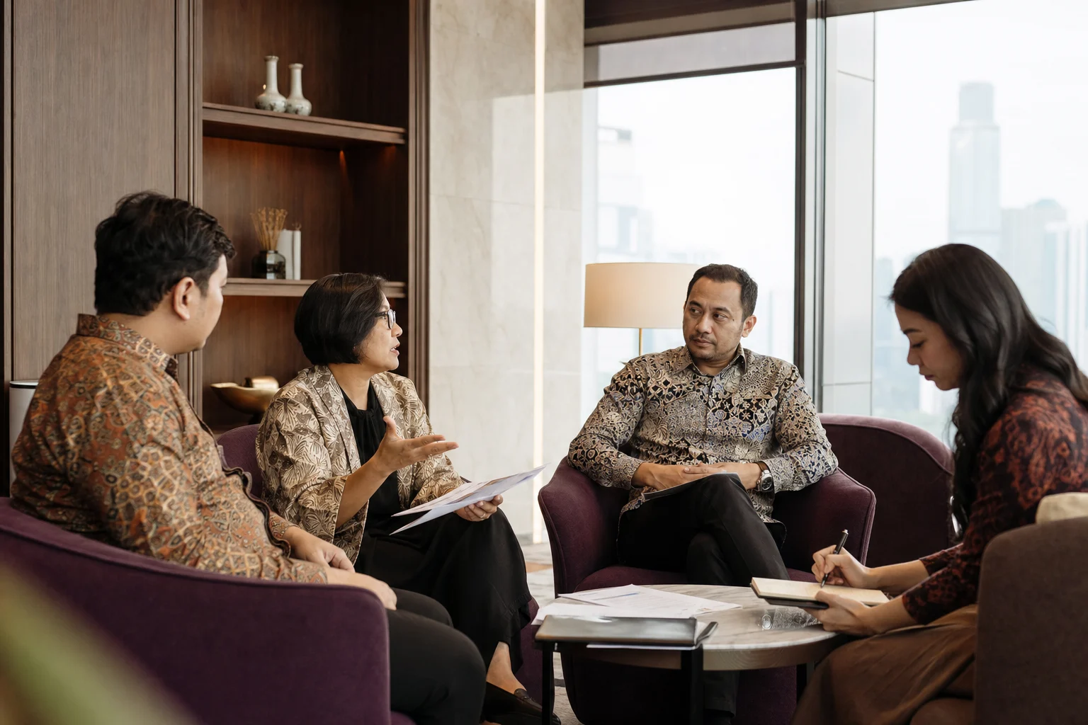 Insurance advisers working together in a Jakarta office setting