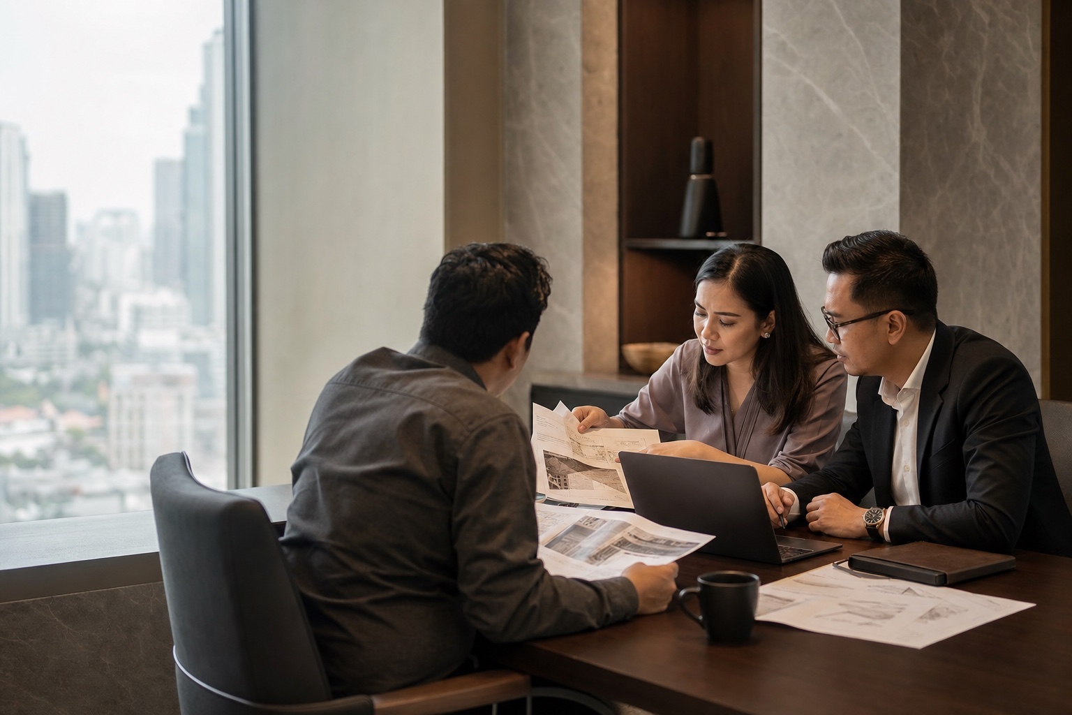 Insurance specialists reviewing claim documentation with a client