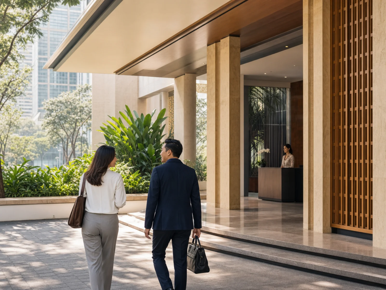 Indonesian business visitors arriving at a contemporary office in Jakarta