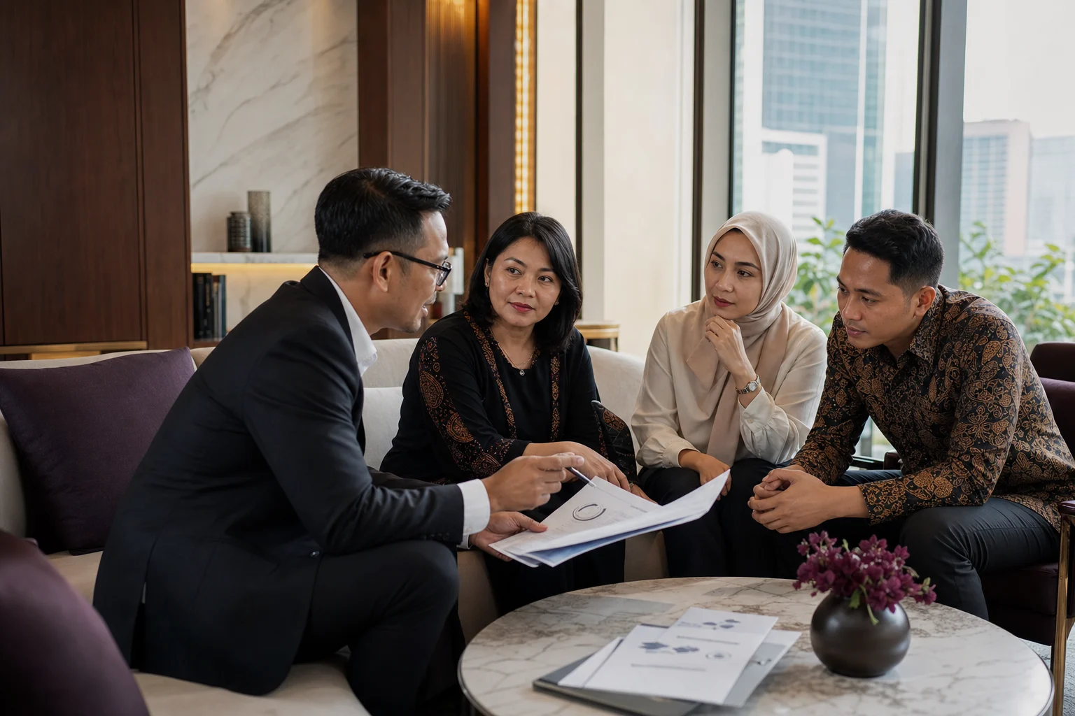 An Indonesian insurance adviser and business clients reviewing their programme together