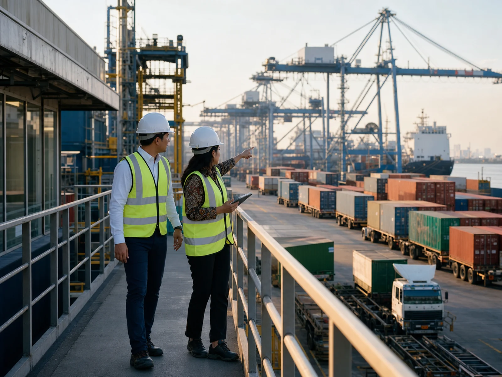 An Indonesian insurance adviser and port operations manager reviewing an active container terminal