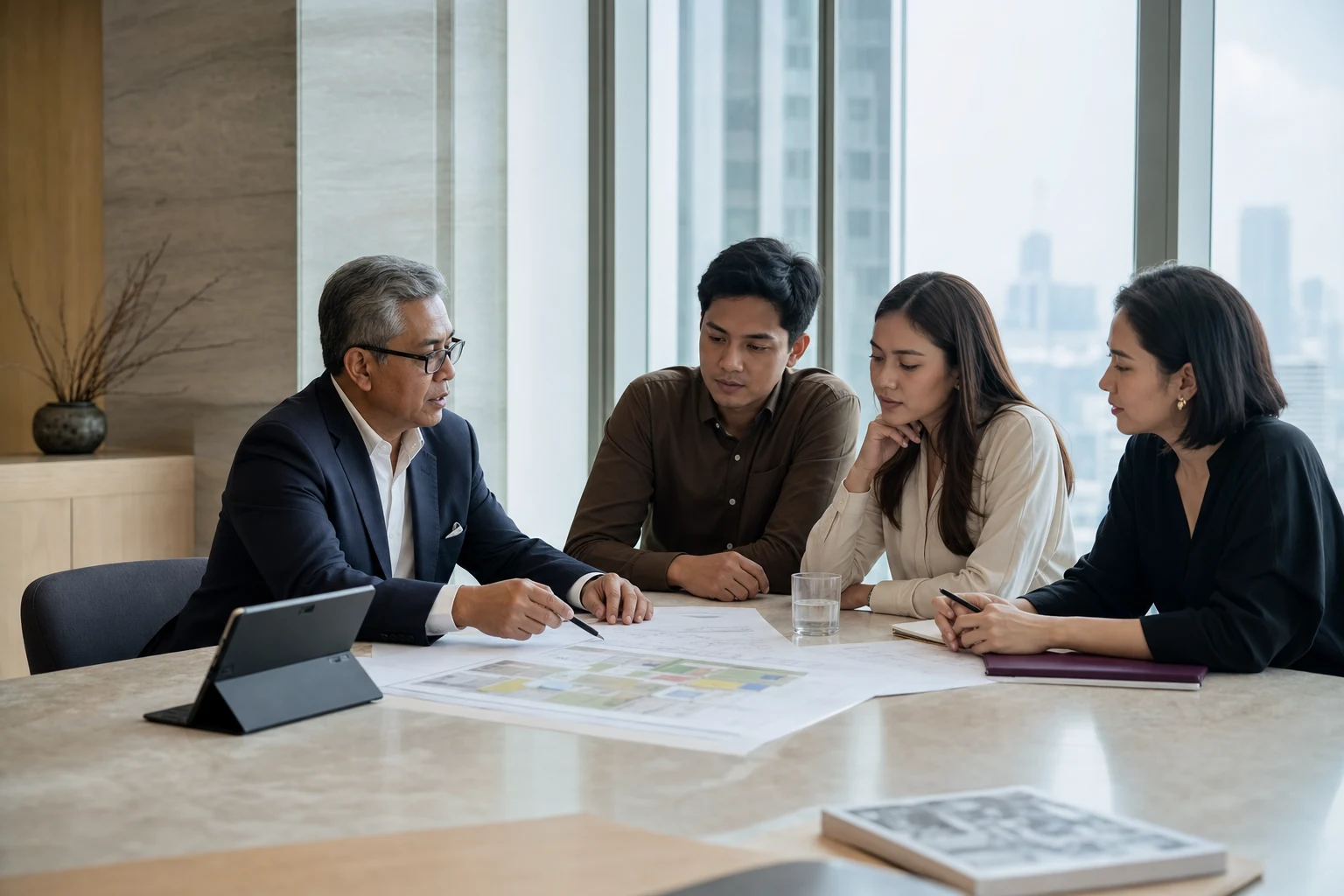 An insurance adviser and client team reviewing operational requirements together